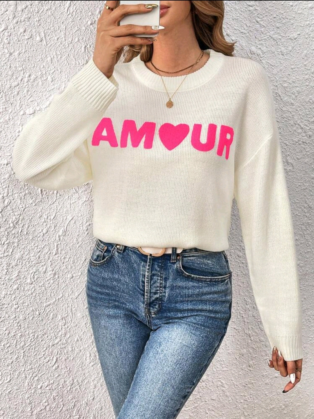 Amour White Knited Drop Shoulder Sweater