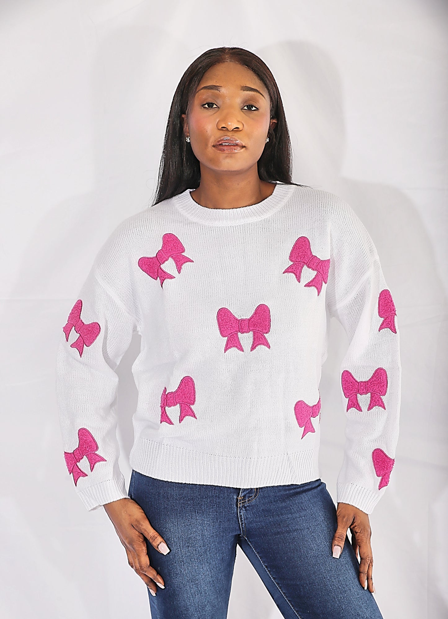 Bow Girl White Sweater With Bow Embroidery