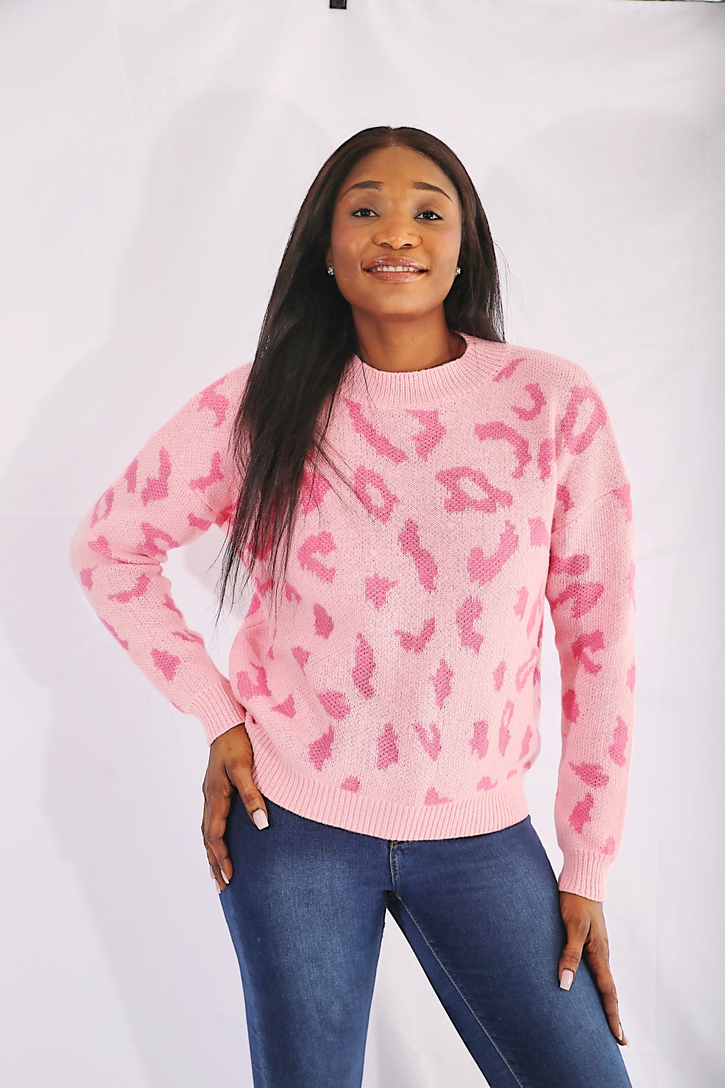 Pink Print Long Sleeve Drop Shoulder Sweater
