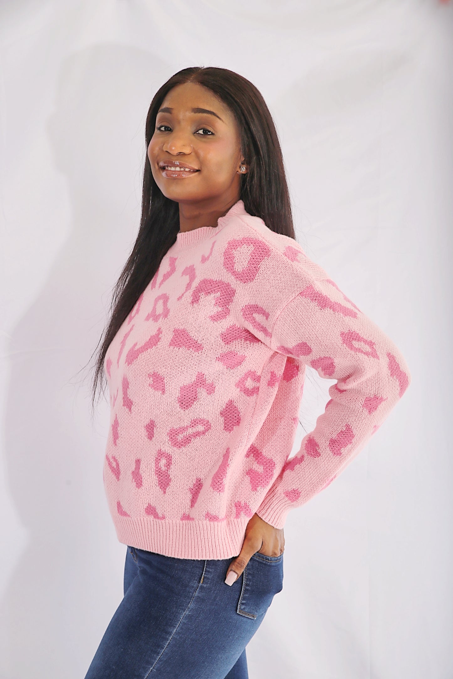 Pink Print Long Sleeve Drop Shoulder Sweater