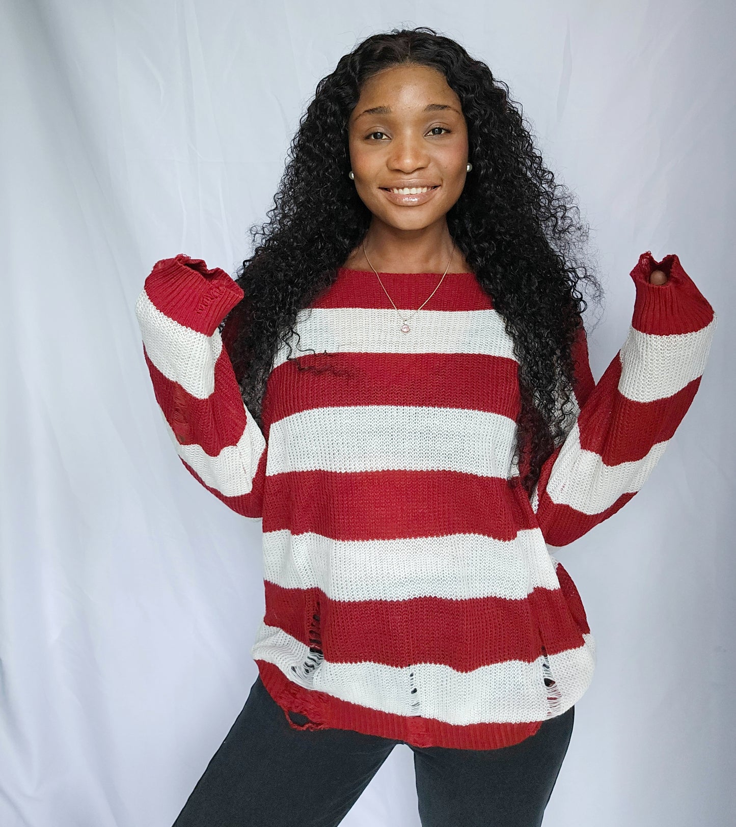 My Everyday Distress Red And White Sweater