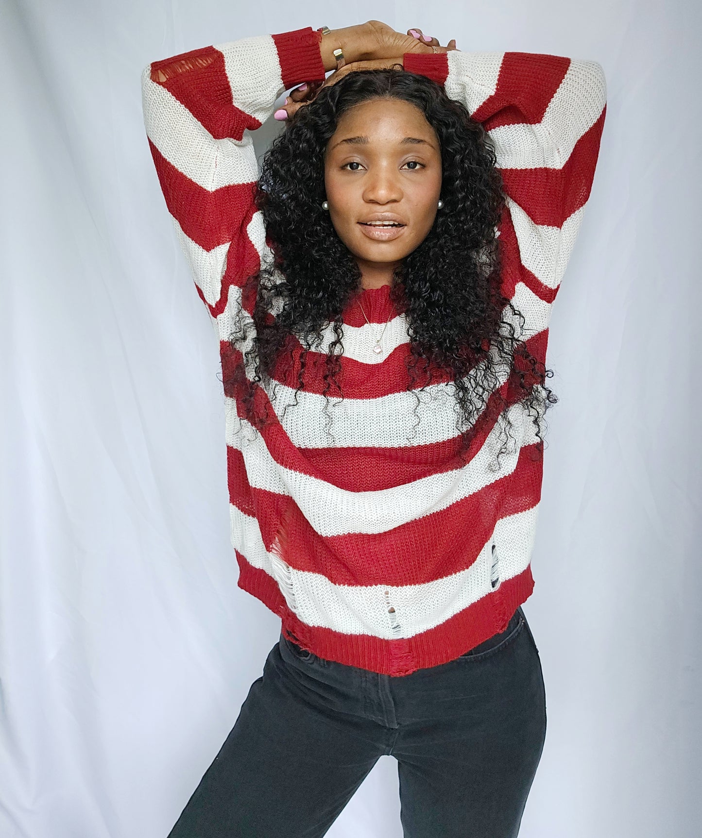 My Everyday Distress Red And White Sweater