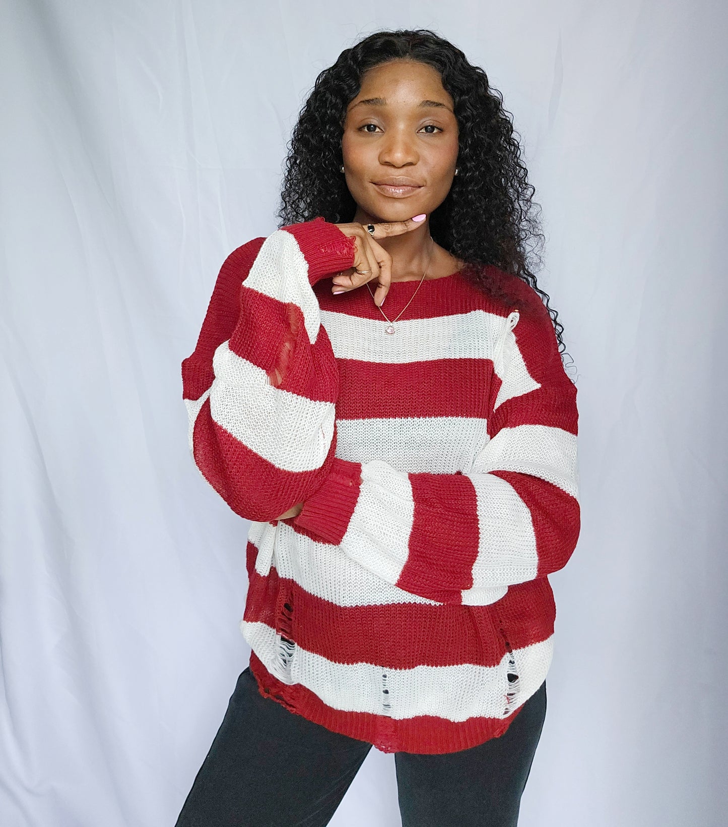 My Everyday Distress Red And White Sweater