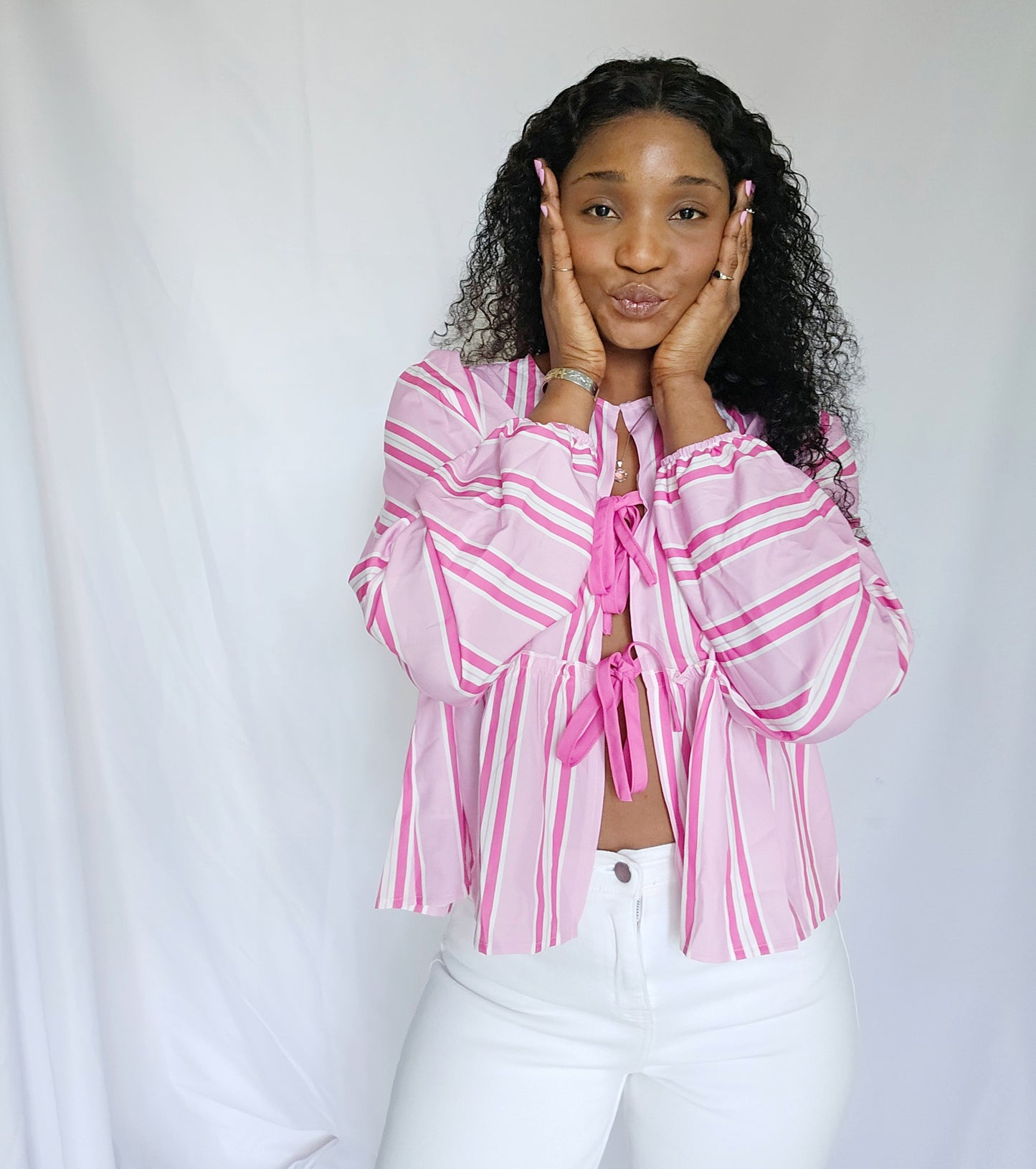 Girly Long Sleeve Front Tie Pink Blouses