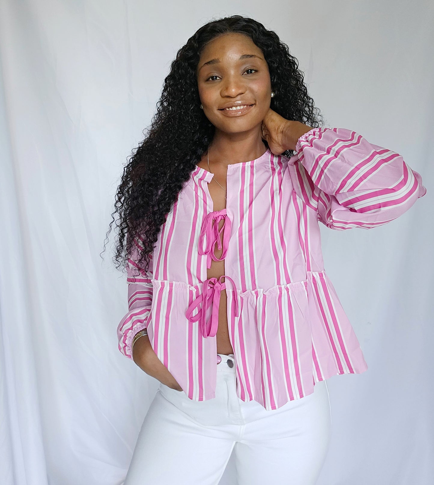 Girly Long Sleeve Front Tie Pink Blouses