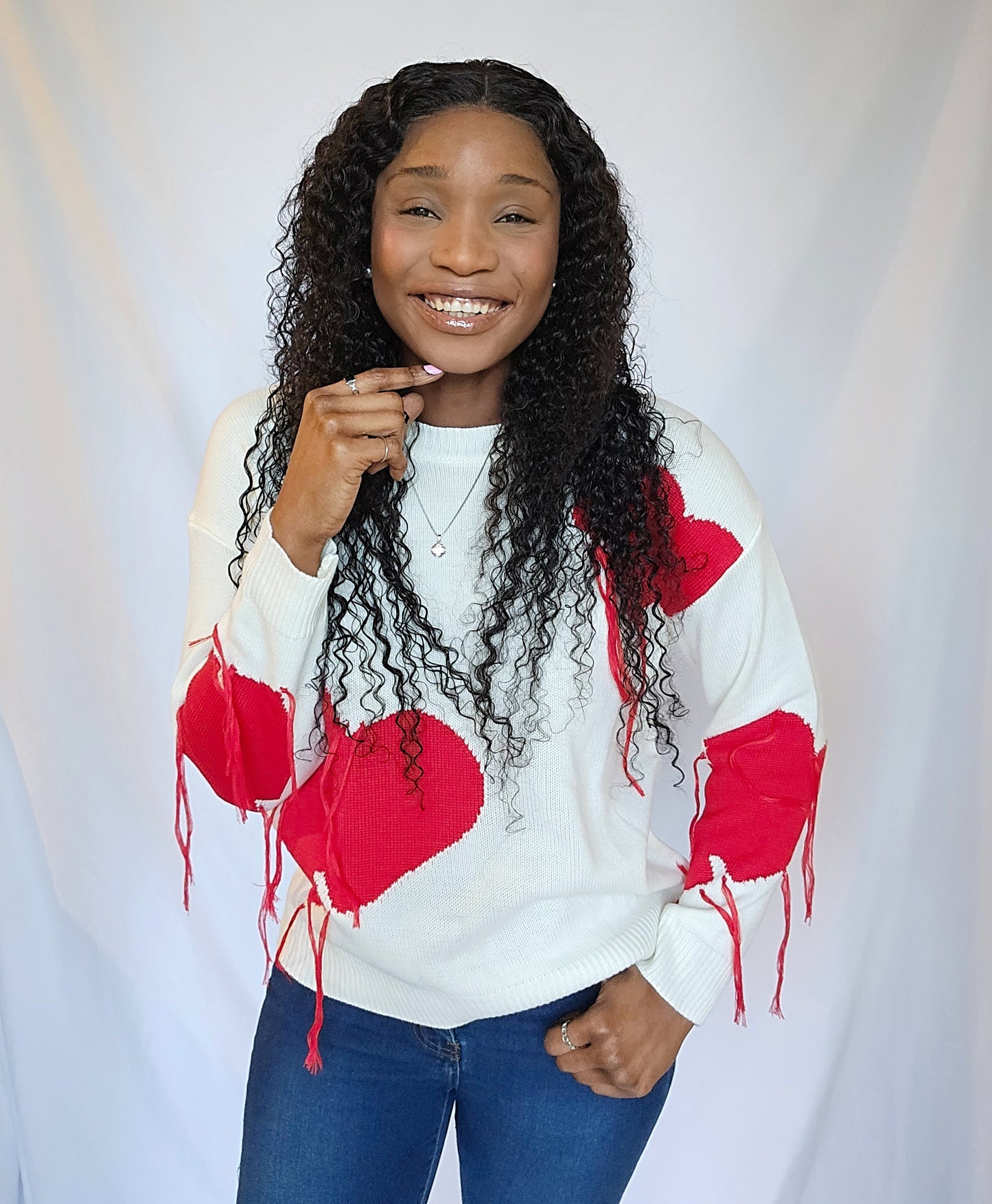 White Red Long Sleeve Heart Sweater