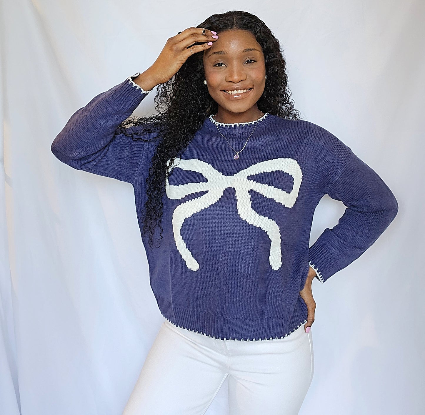 Pretty Girl Bow Navy Knitted Sweater