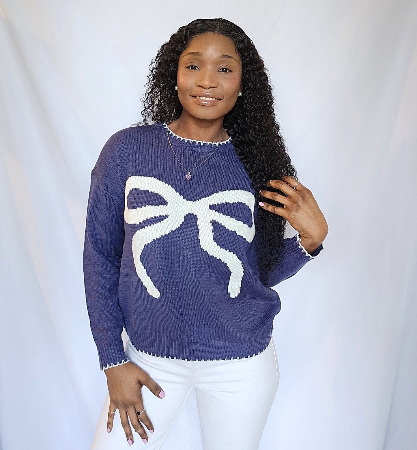 Pretty Girl Bow Navy Knitted Sweater