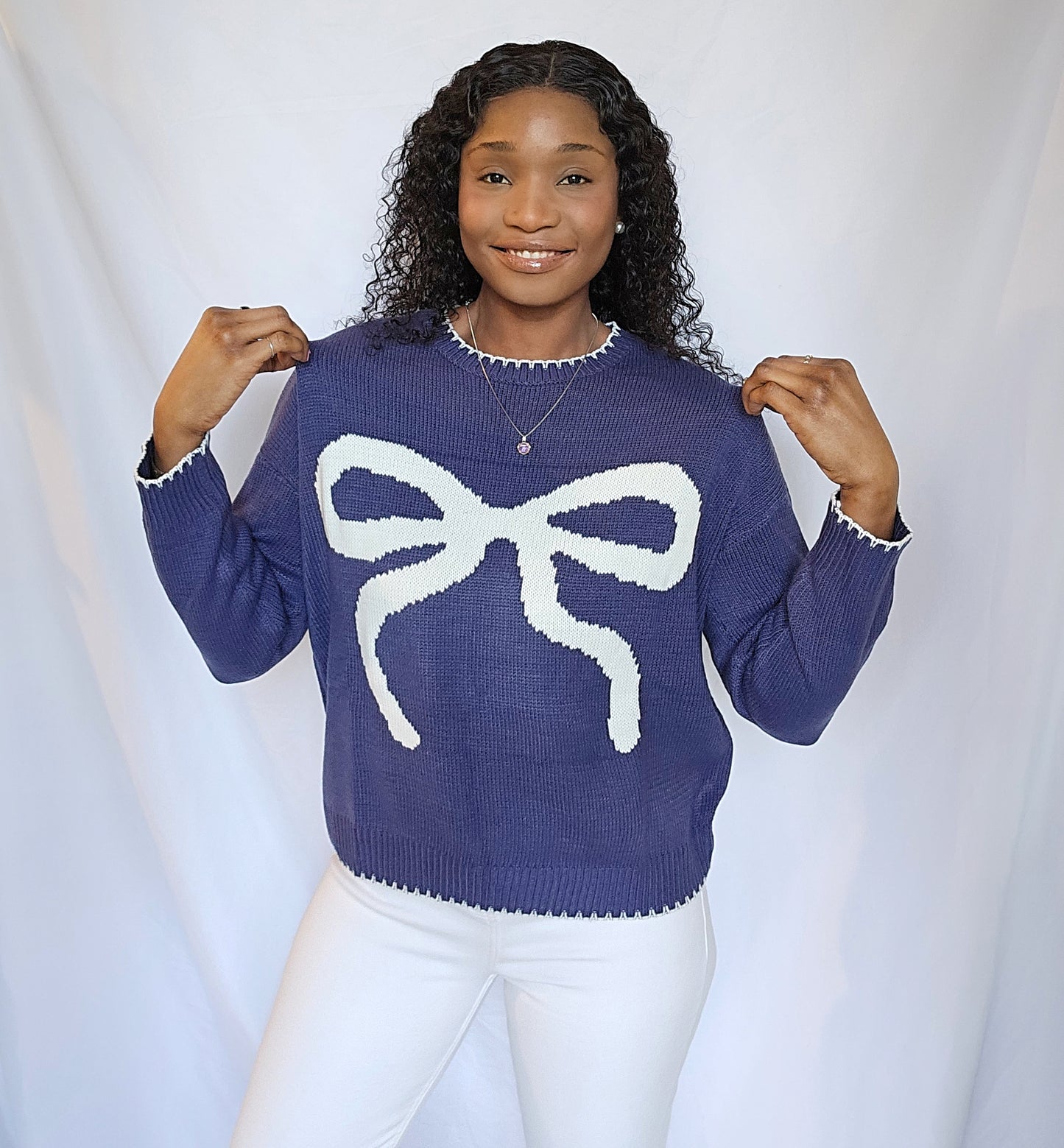 Pretty Girl Bow Navy Knitted Sweater