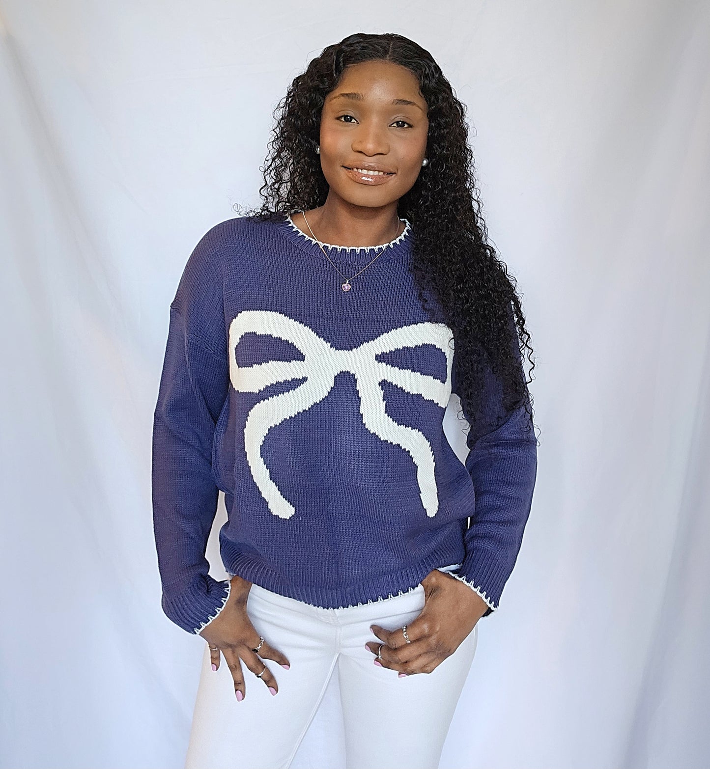Pretty Girl Bow Navy Knitted Sweater