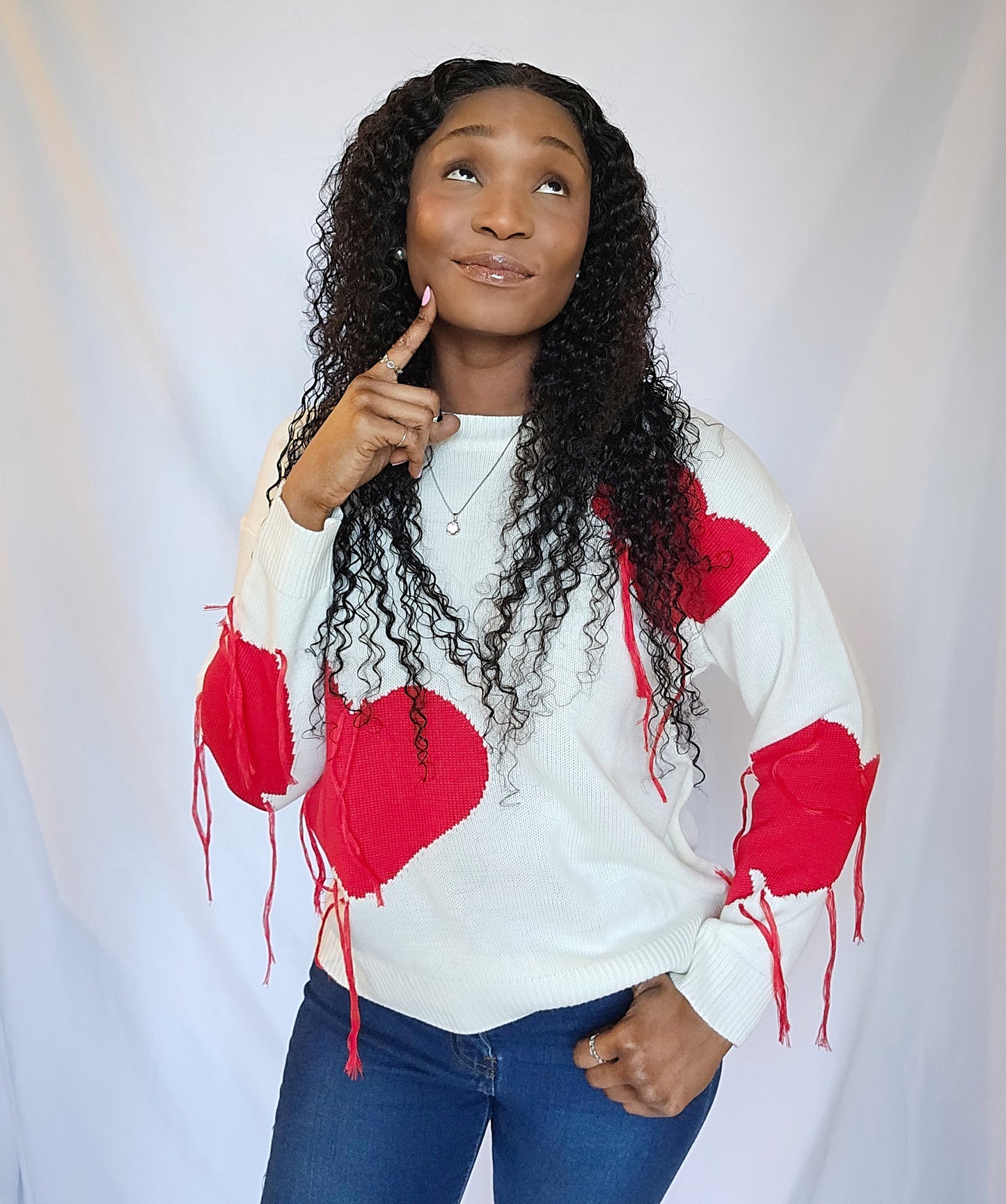 White Red Long Sleeve Heart Sweater