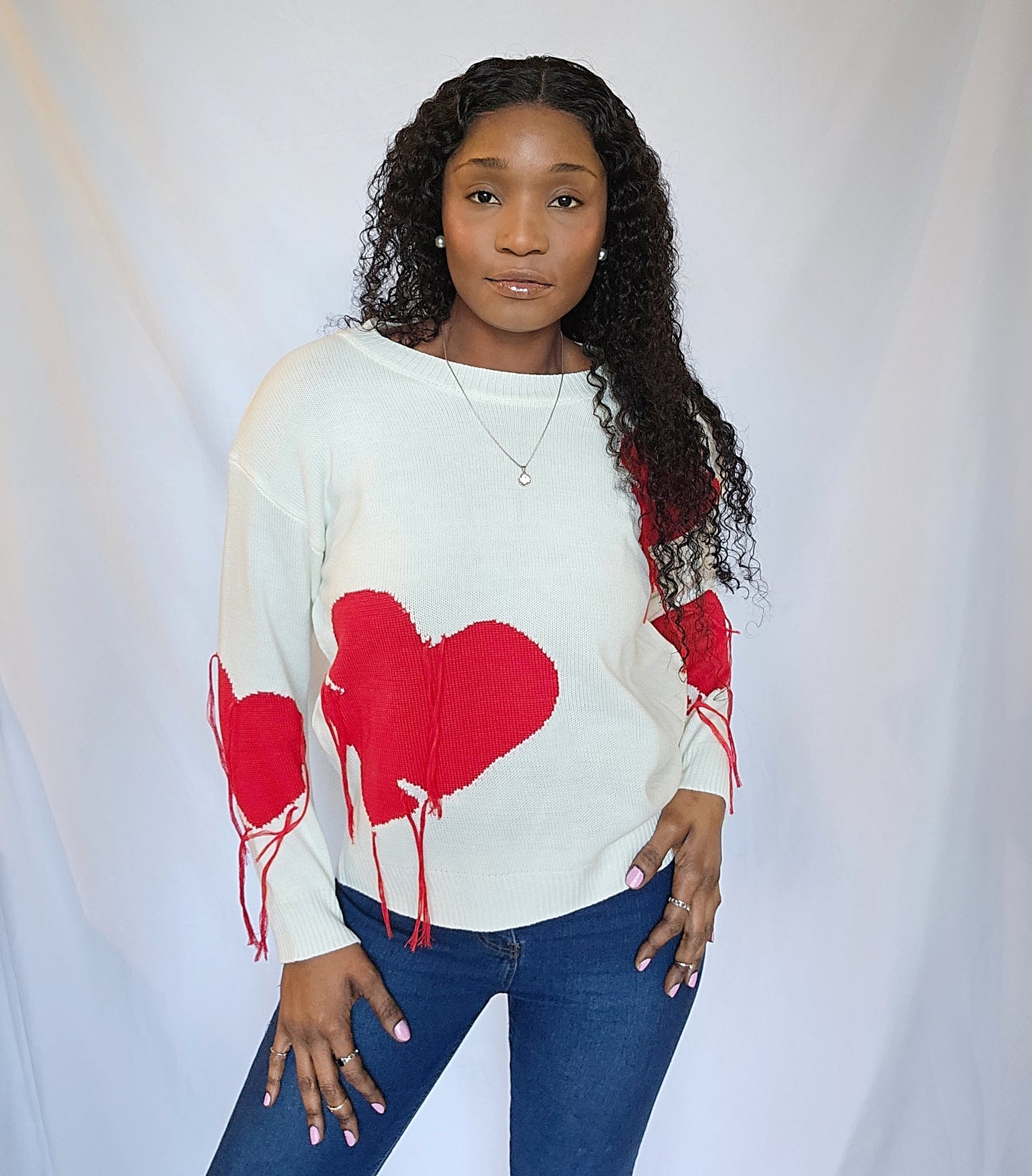 White Red Long Sleeve Heart Sweater