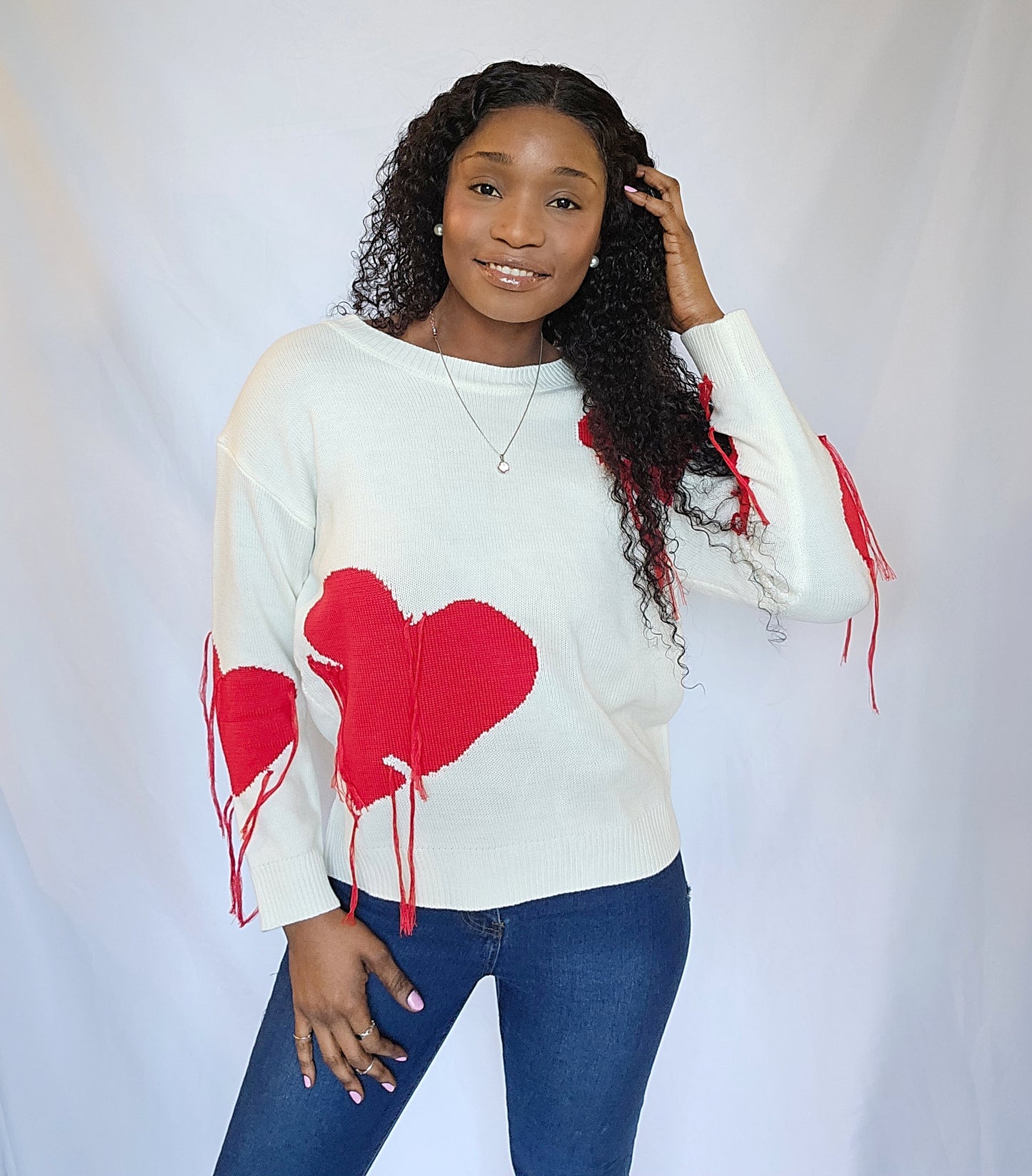 White Red Long Sleeve Heart Sweater