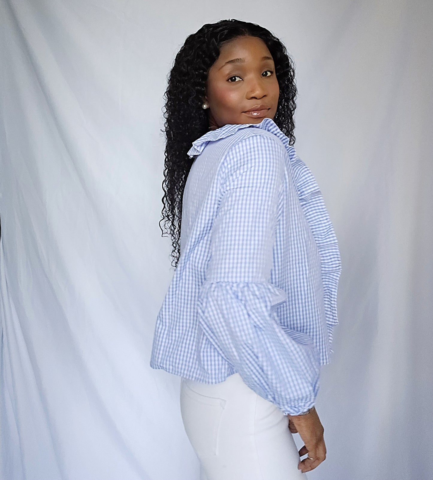Blue Puff long Sleeve Blouse Casual Front Tie Long Sleeve Blouse