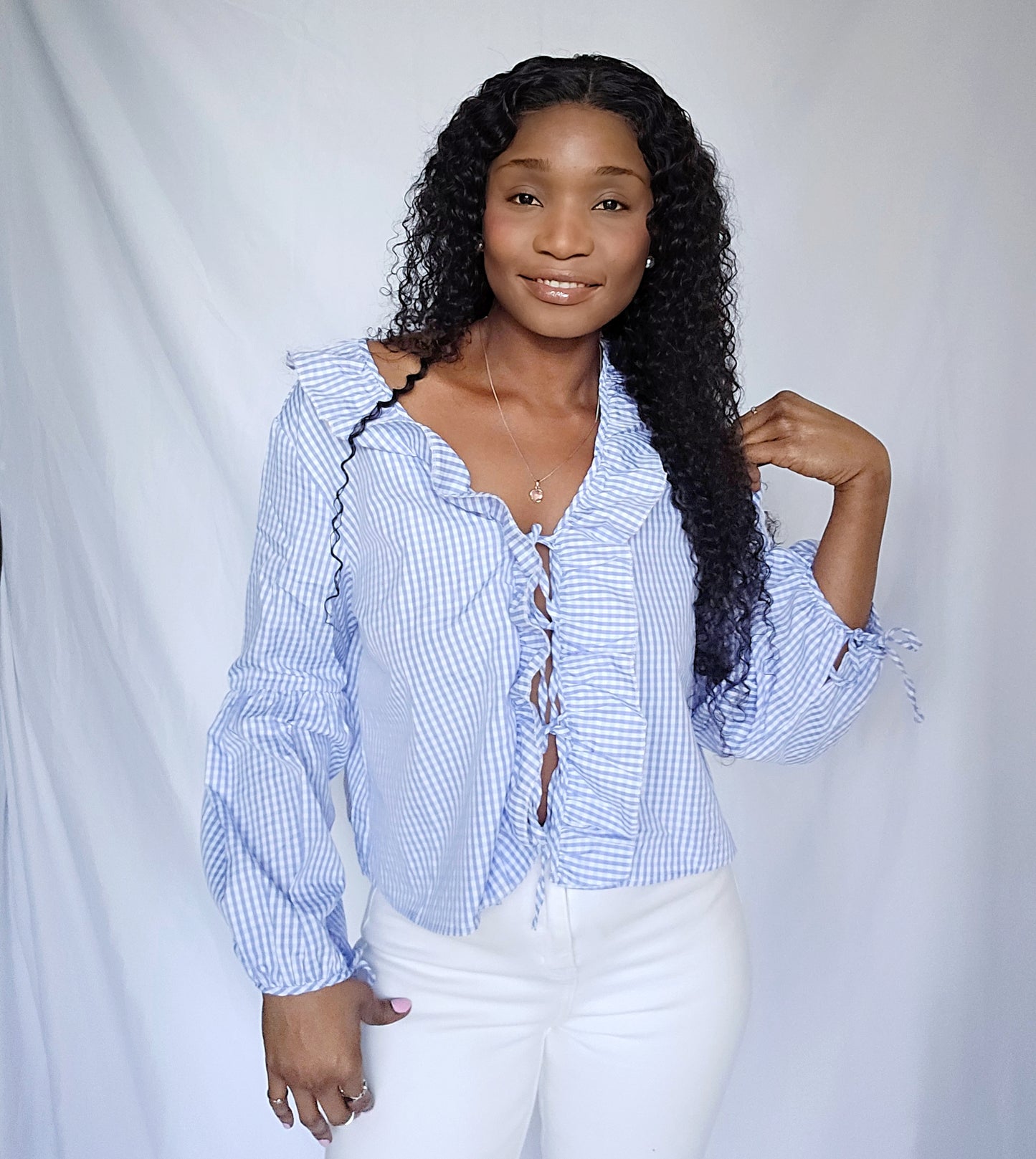 Blue Puff long Sleeve Blouse Casual Front Tie Long Sleeve Blouse