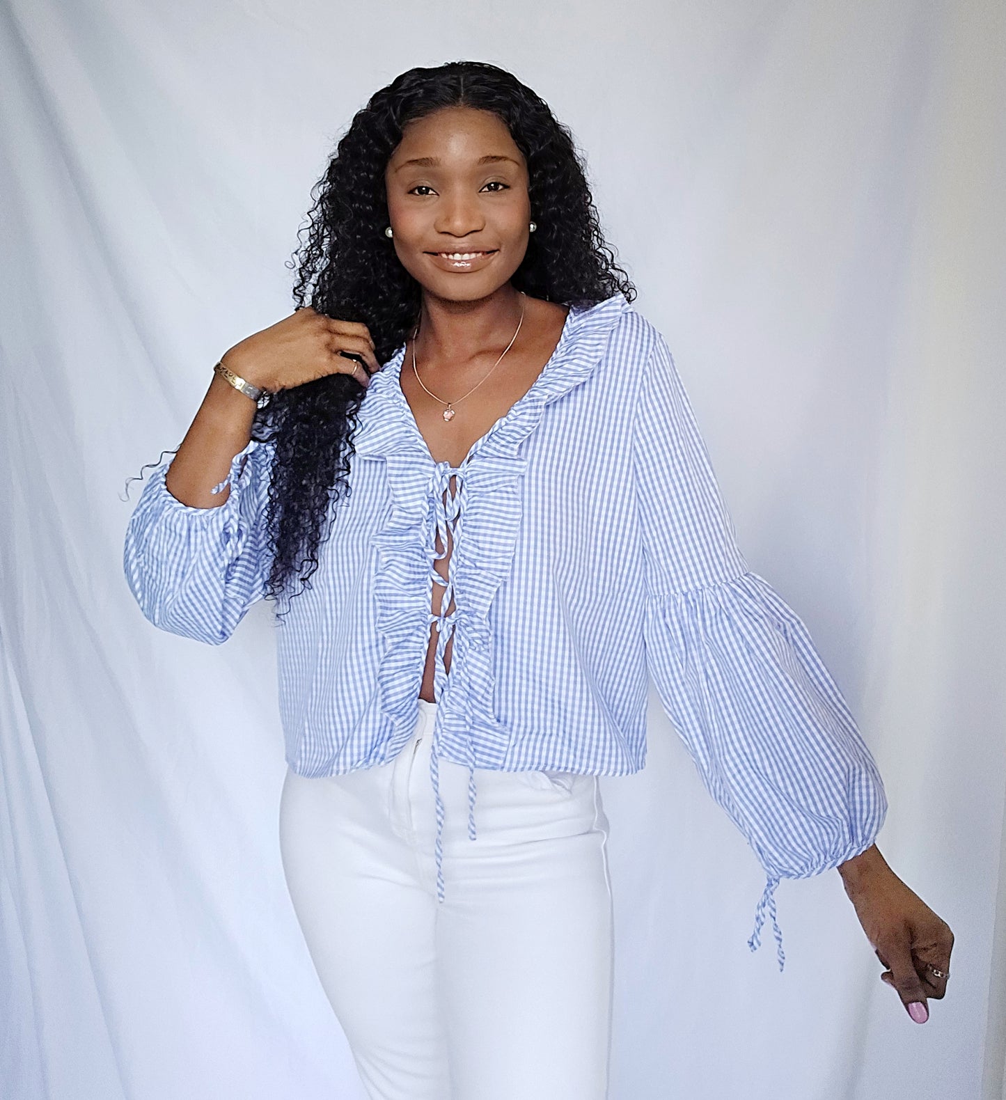 Blue Puff long Sleeve Blouse Casual Front Tie Long Sleeve Blouse