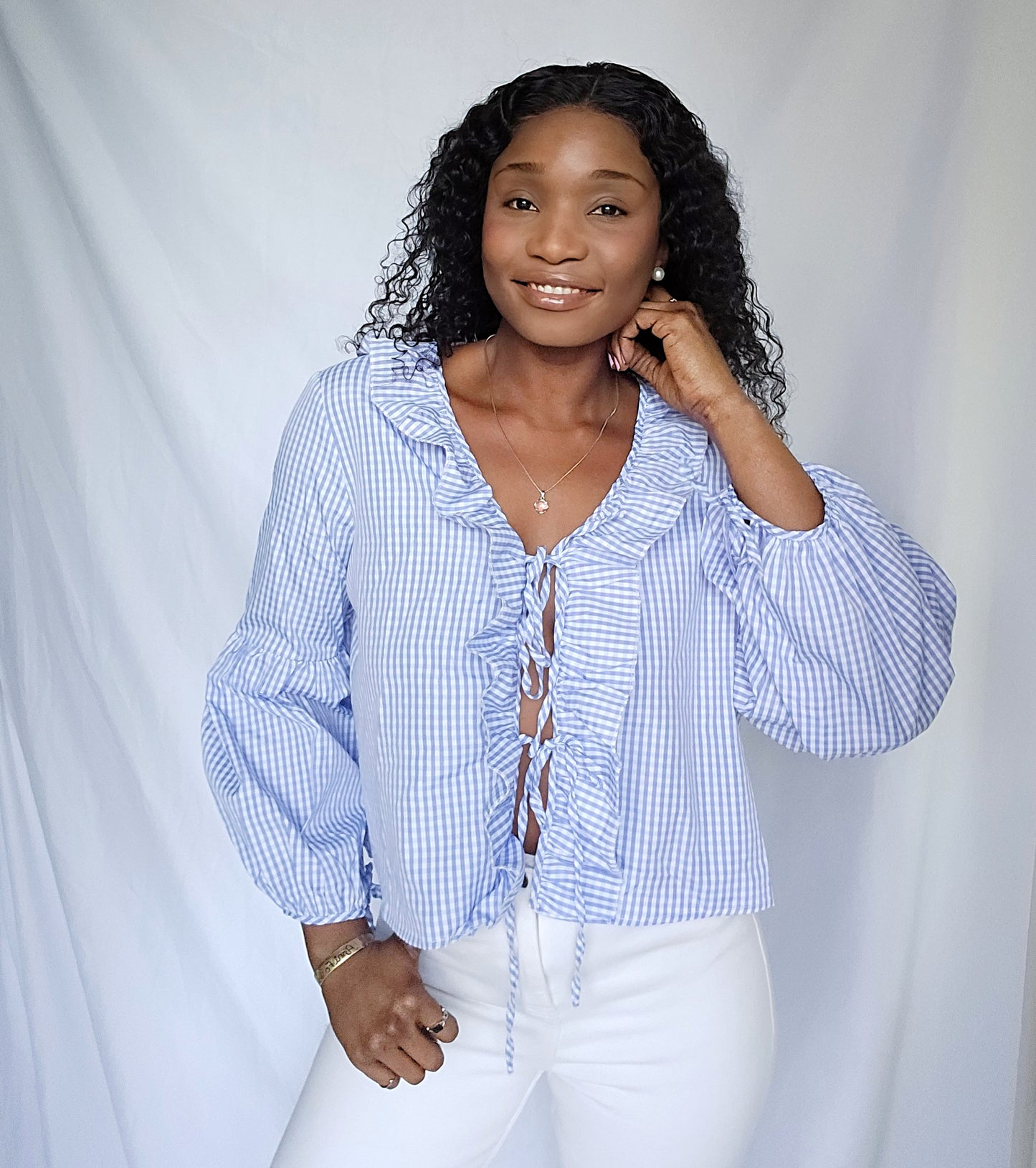 Blue Puff long Sleeve Blouse Casual Front Tie Long Sleeve Blouse