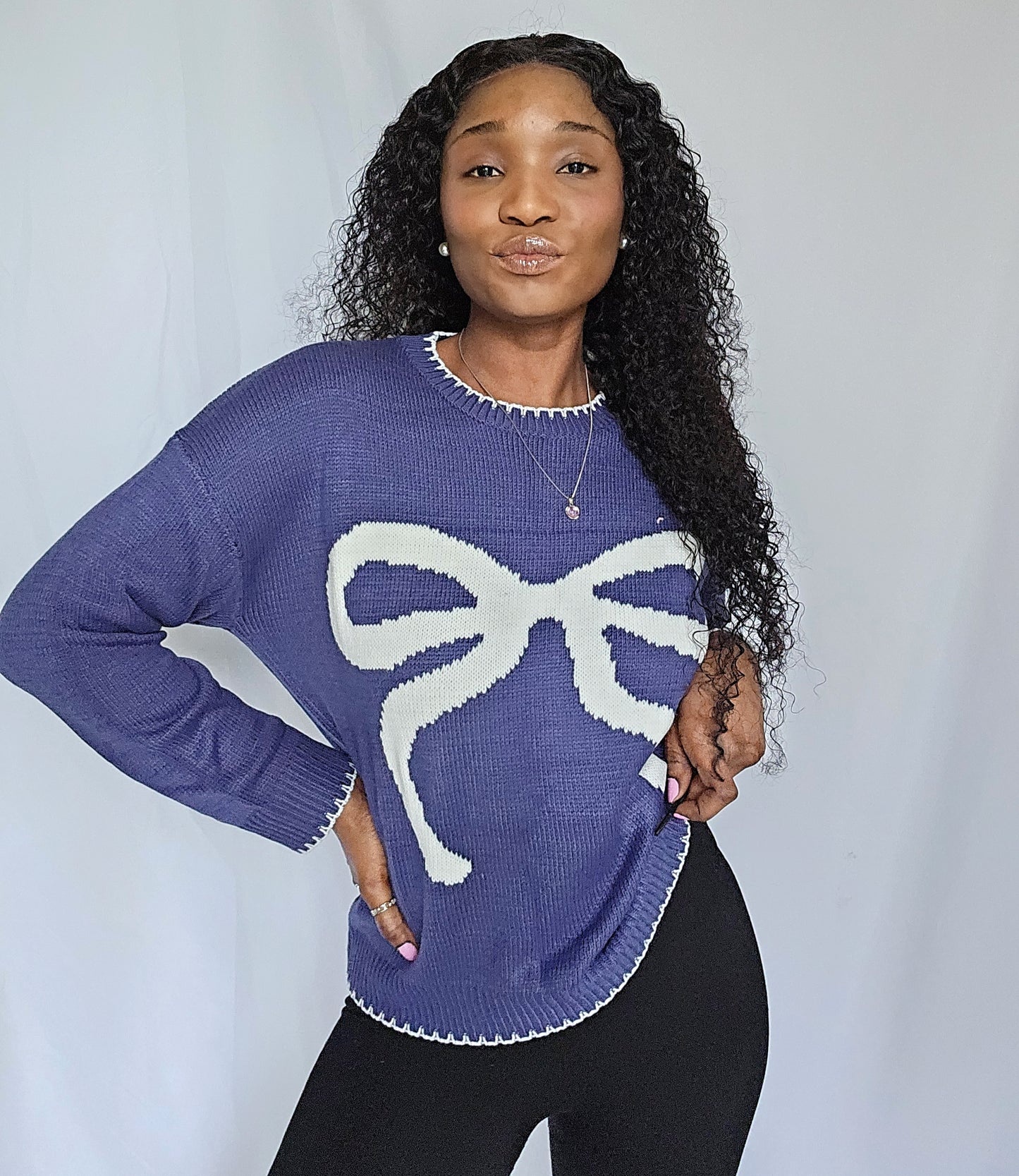 Pretty Girl Bow Navy Knitted Sweater
