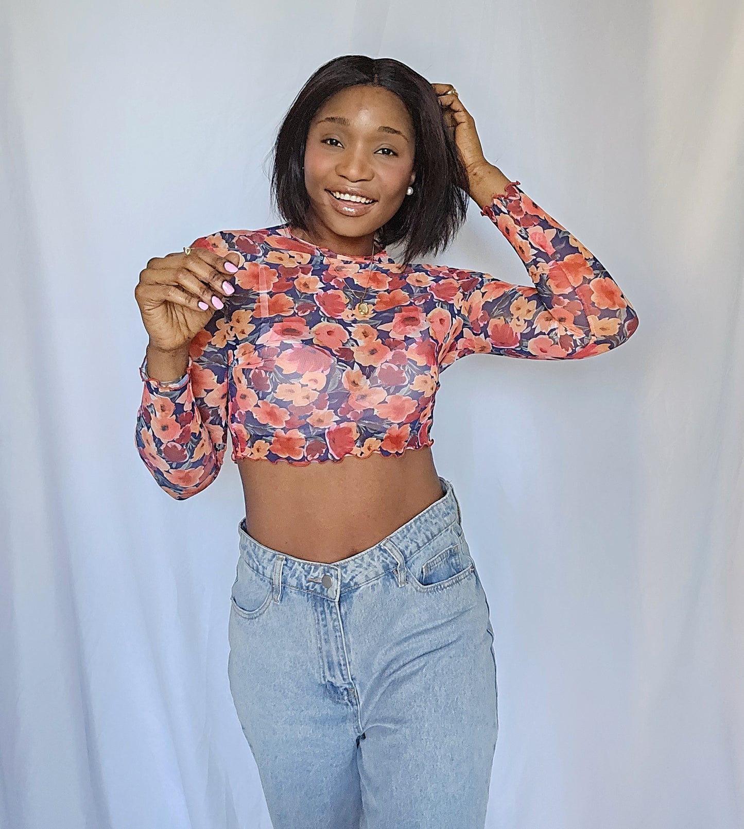 Privé All Over Floral Lettuce Trim Mesh Top