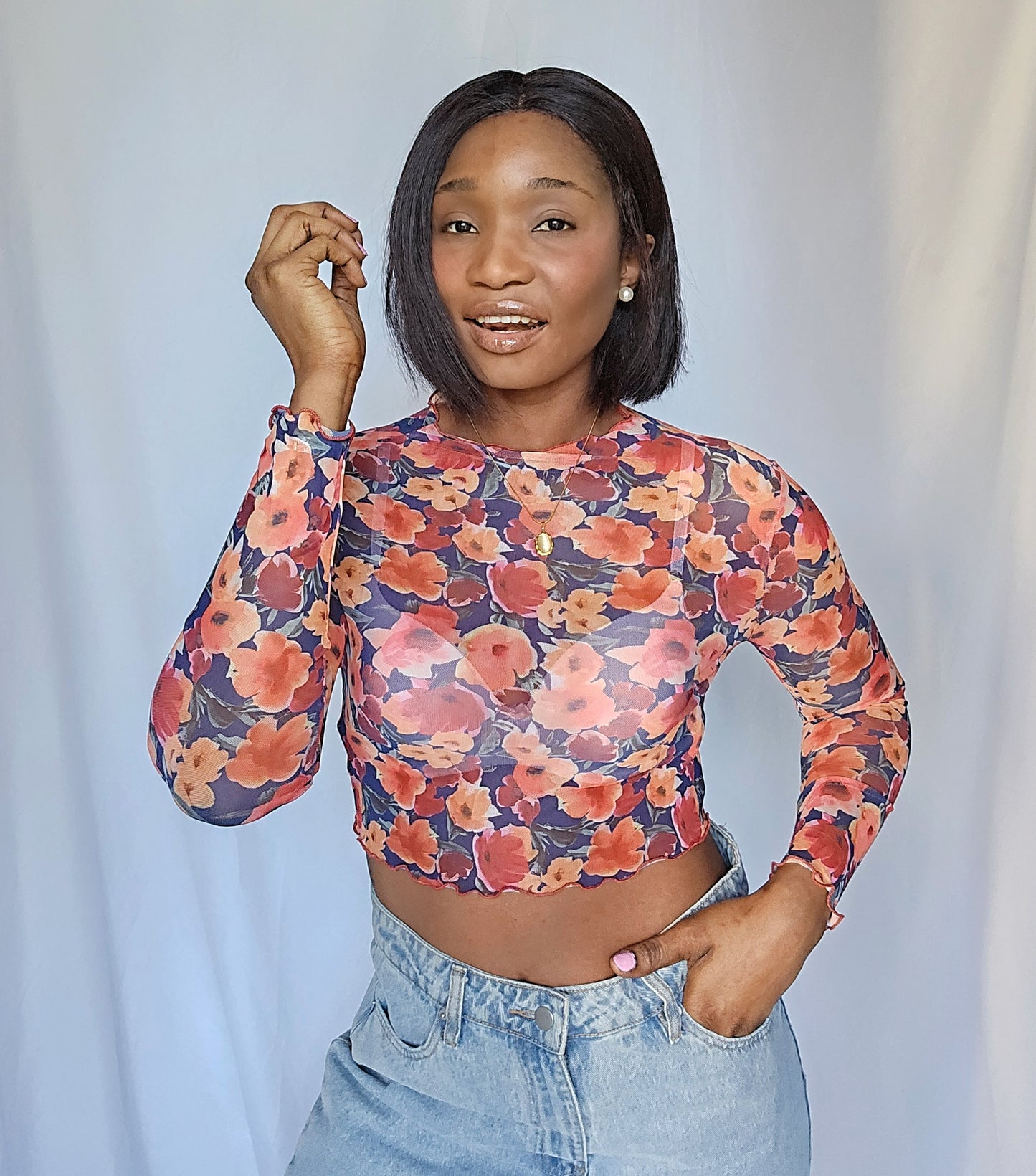 Privé All Over Floral Lettuce Trim Mesh Top