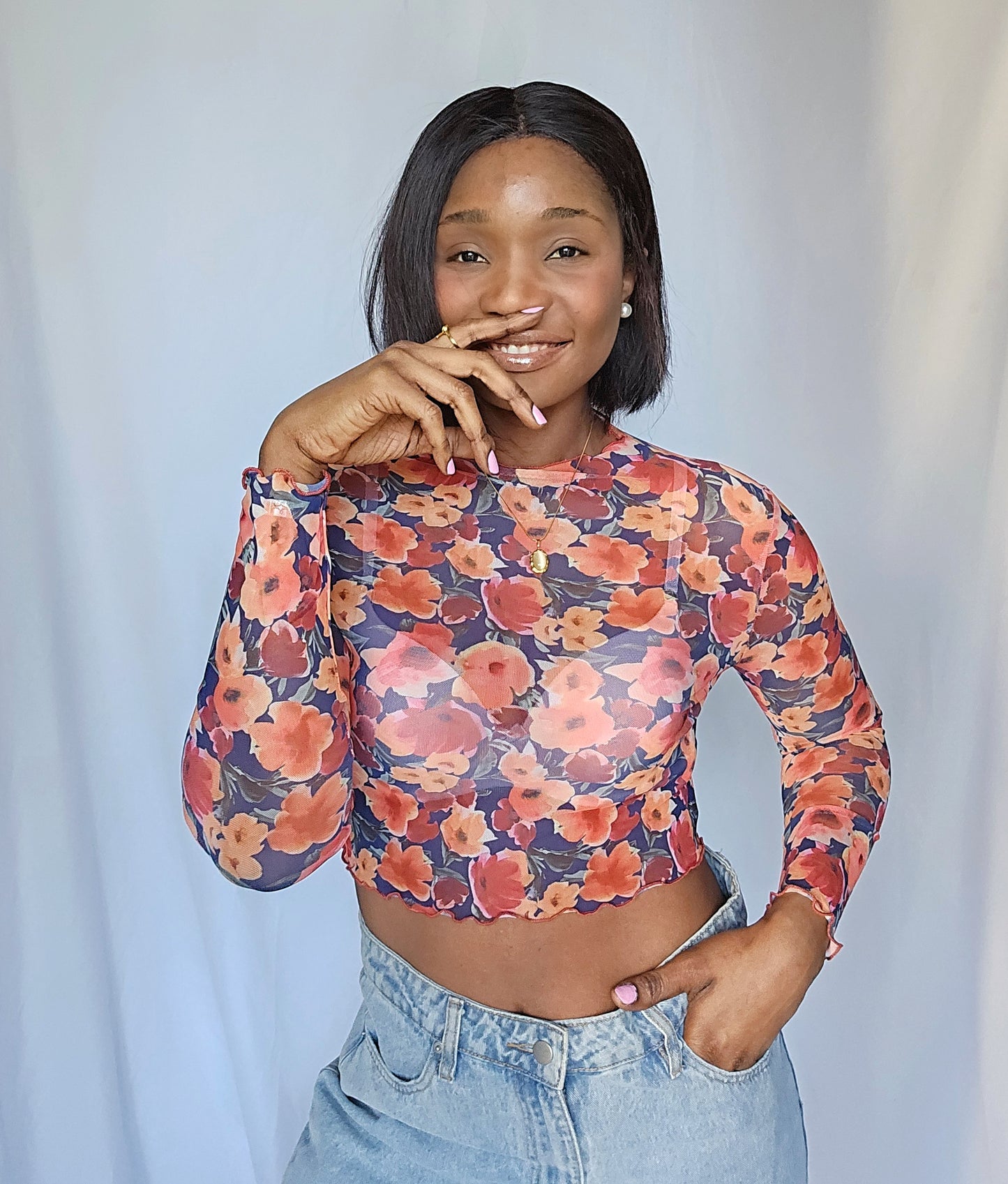 Privé All Over Floral Lettuce Trim Mesh Top