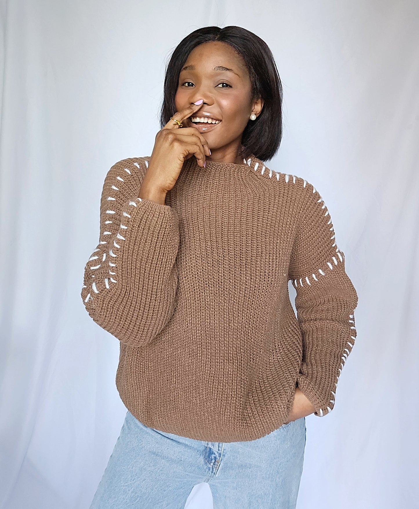 Stitche Brown Drop Shoulder Sweater