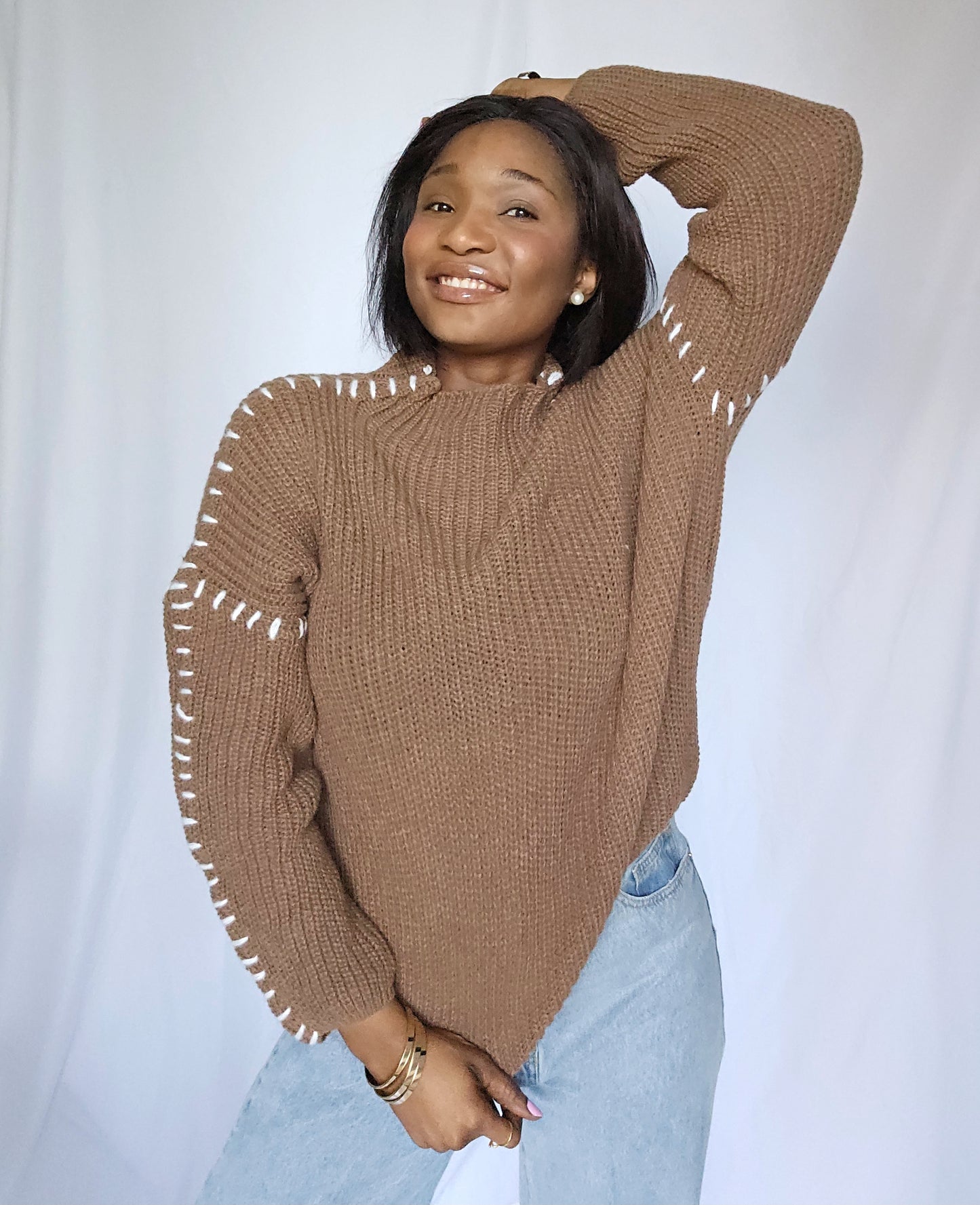 Stitche Brown Drop Shoulder Sweater