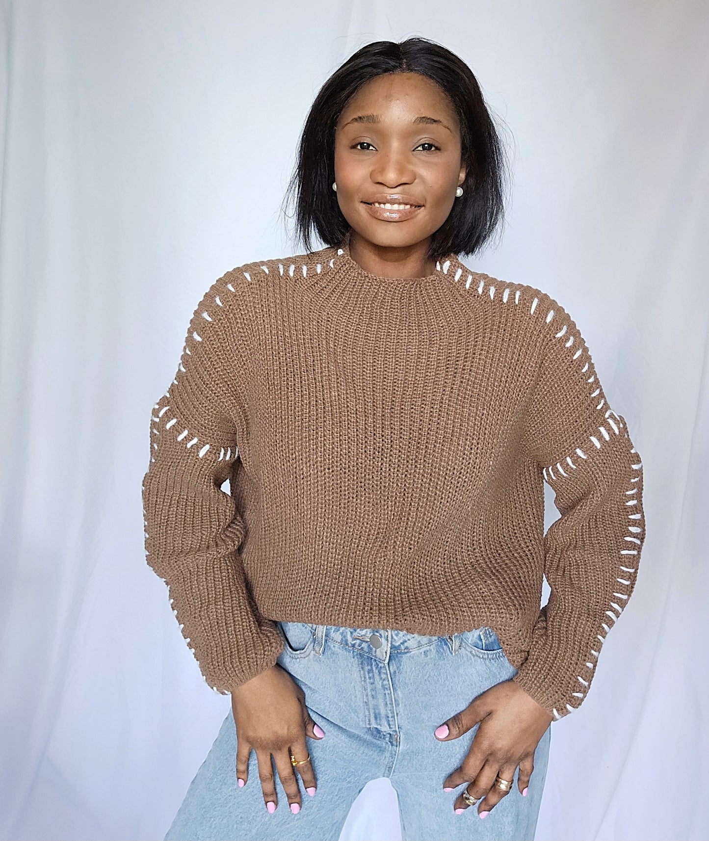 Stitche Brown Drop Shoulder Sweater