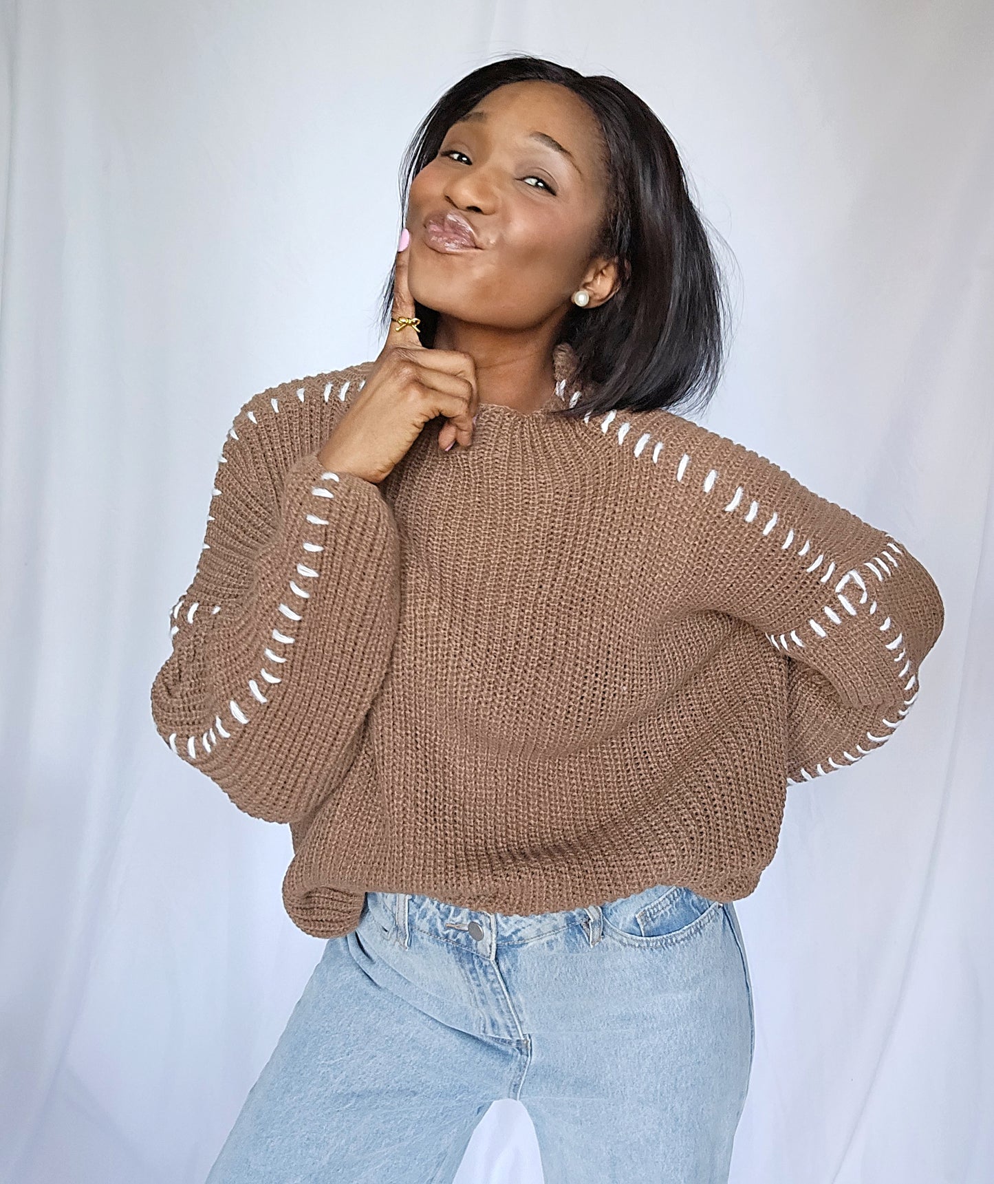 Stitche Brown Drop Shoulder Sweater