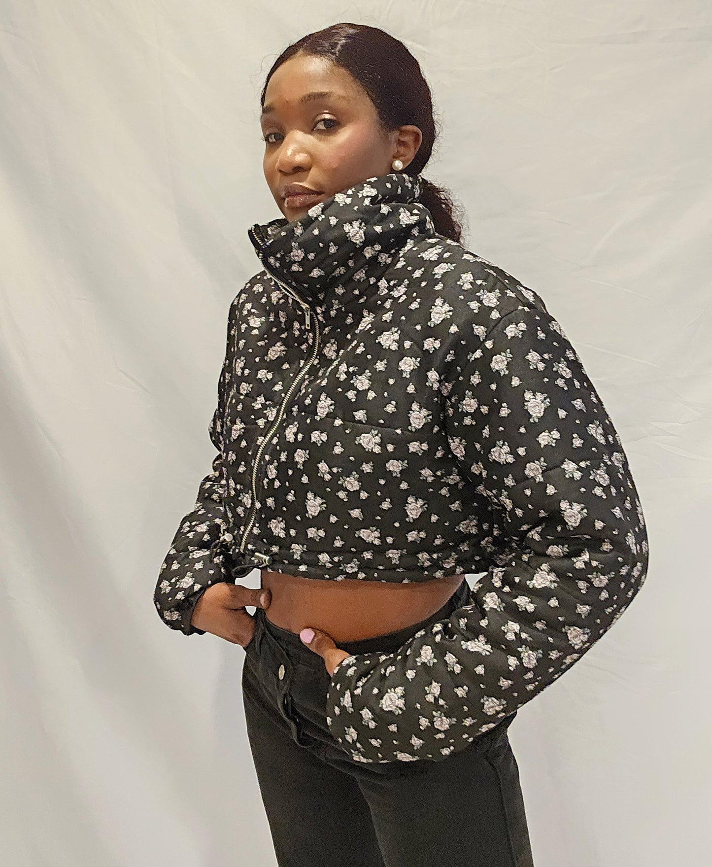 Pretty Flower Black Croppet Jacket with Zipper
