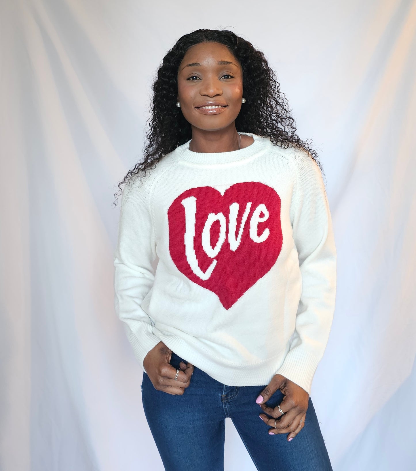 Heart Love White Drop Shoulder Sweater