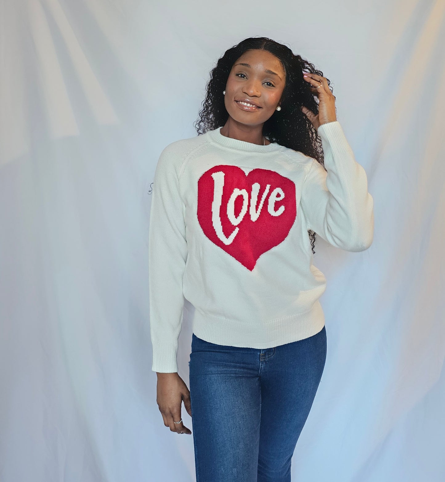 Heart Love White Drop Shoulder Sweater