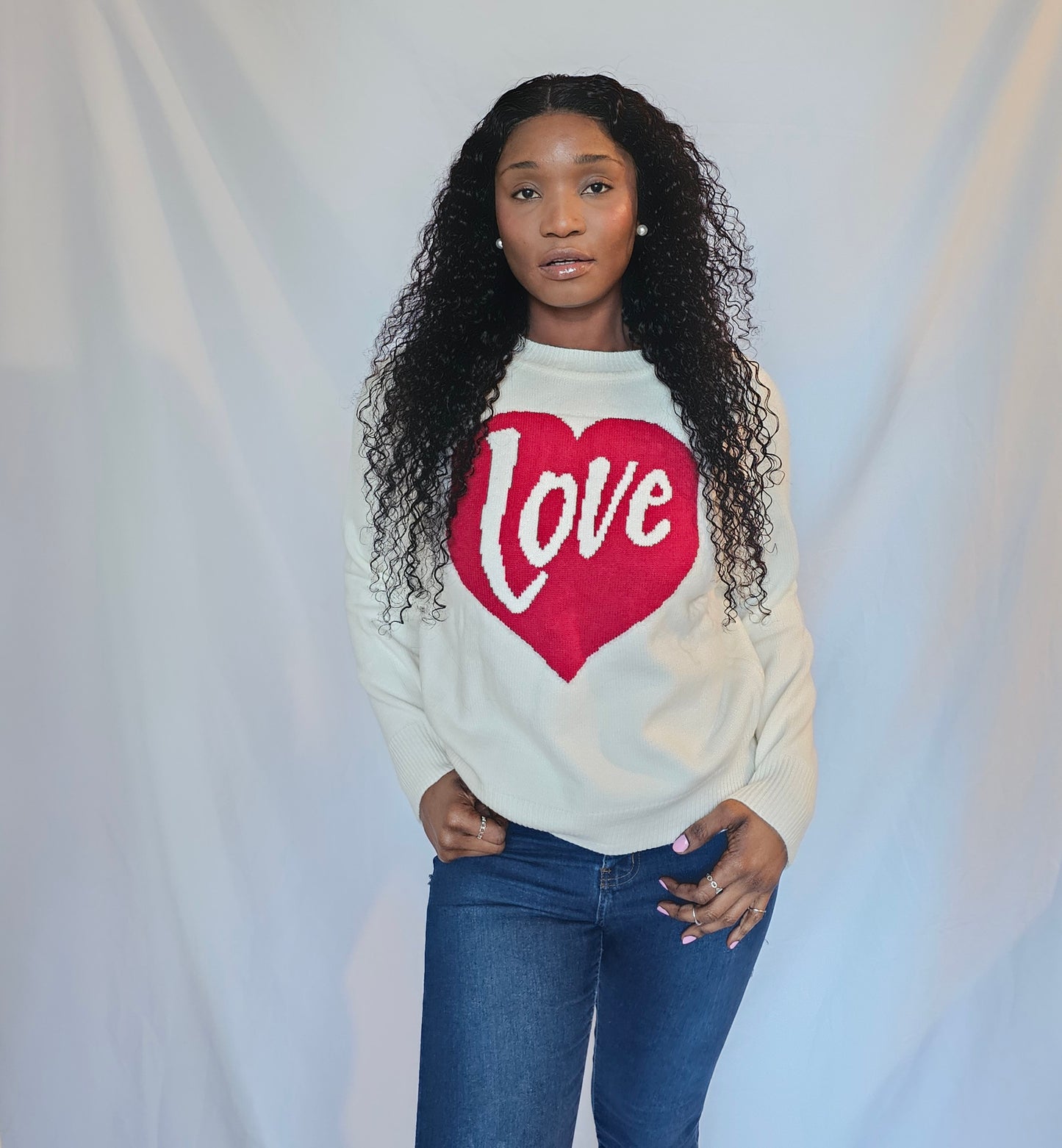 Heart Love White Drop Shoulder Sweater