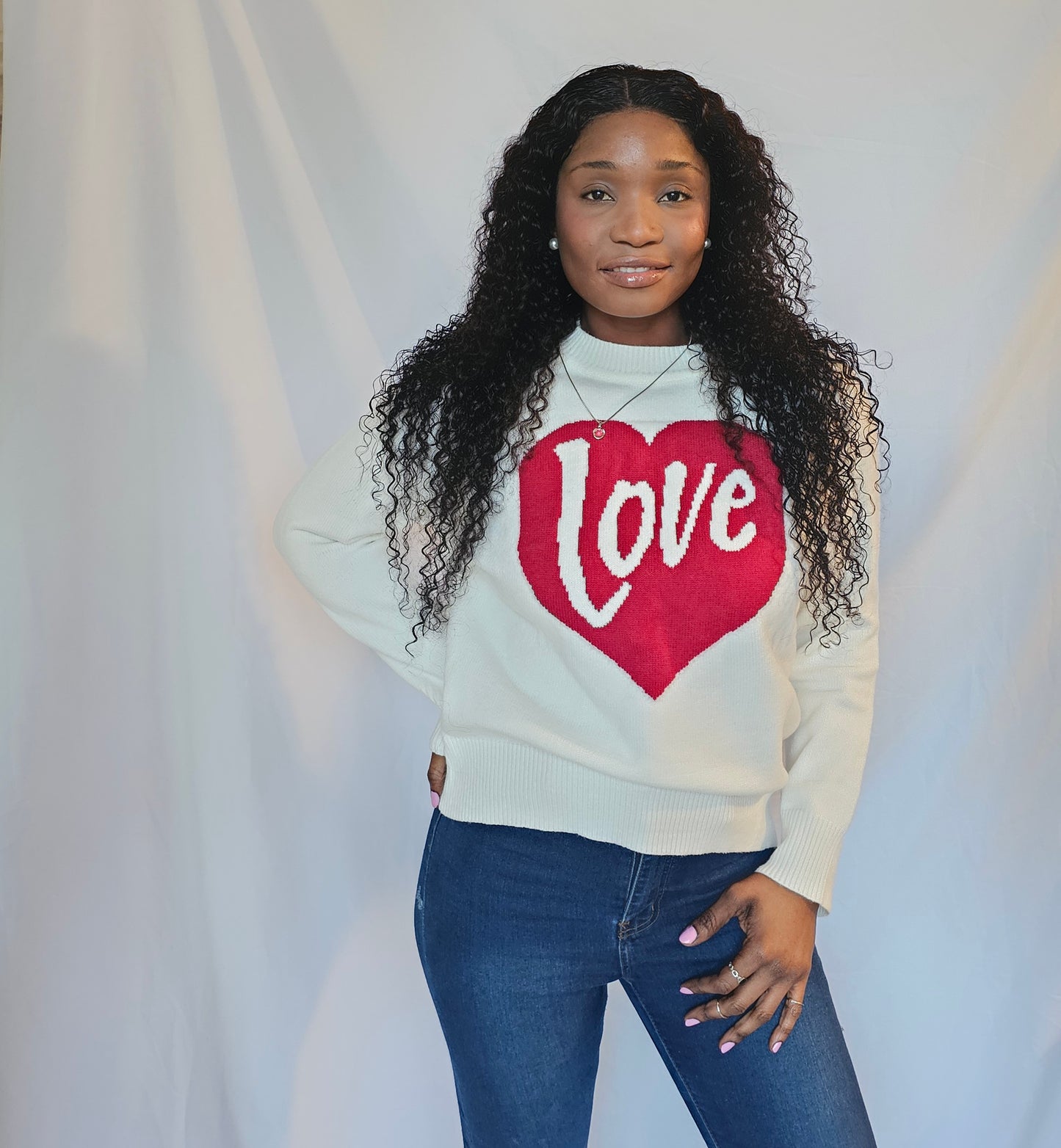 Heart Love White Drop Shoulder Sweater