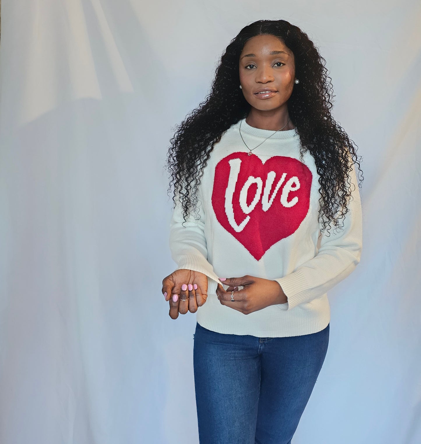 Heart Love White Drop Shoulder Sweater