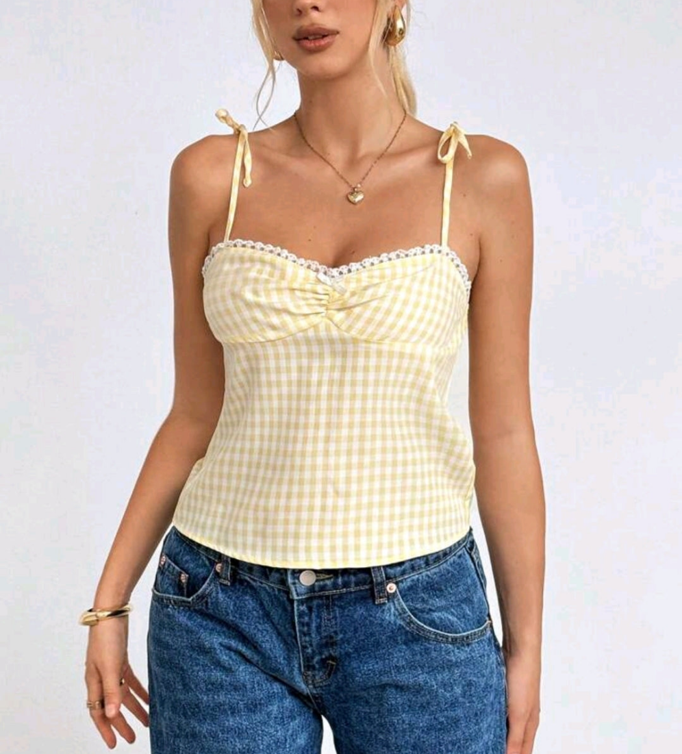 Yellow Plaid Bow Shoulder Tank Top