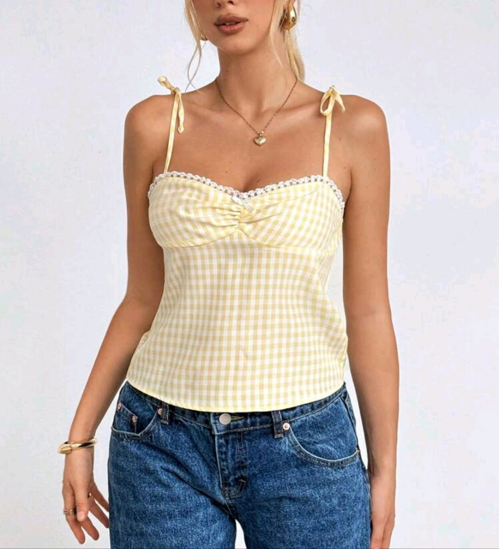 Yellow Plaid Bow Shoulder Tank Top