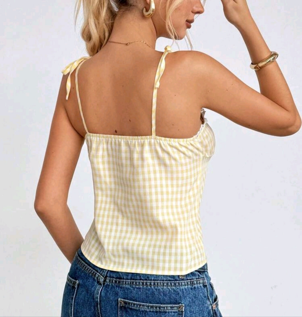 Yellow Plaid Bow Shoulder Tank Top