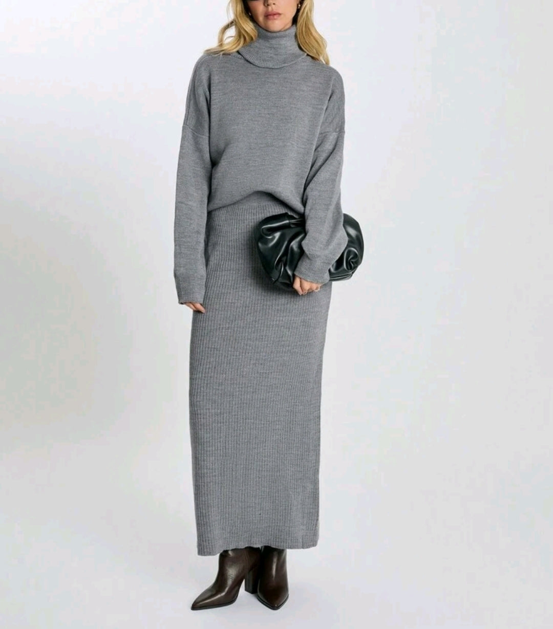Gray Knitted Turtleneck and Skirt Set: Women's Two-Piece Ensemble