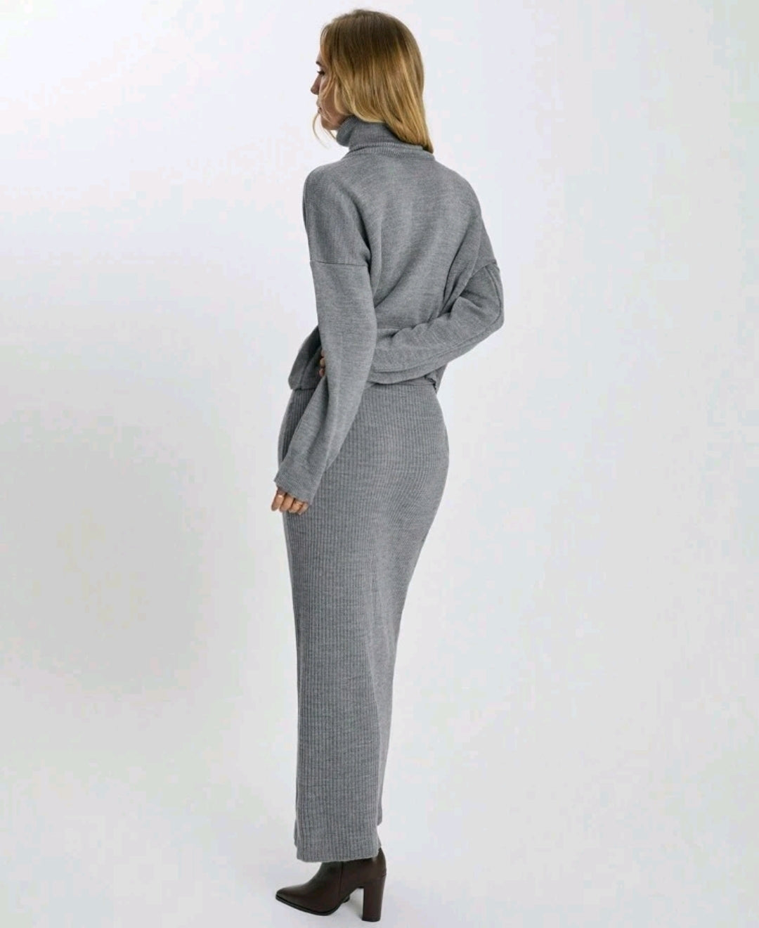 Gray Knitted Turtleneck and Skirt Set: Women's Two-Piece Ensemble