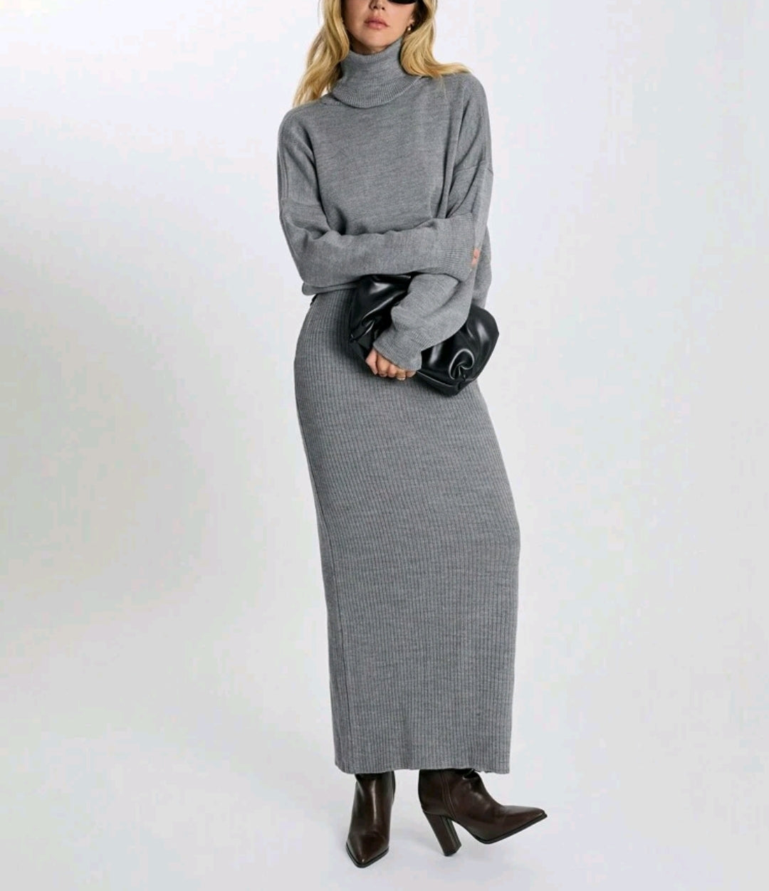 Gray Knitted Turtleneck and Skirt Set: Women's Two-Piece Ensemble