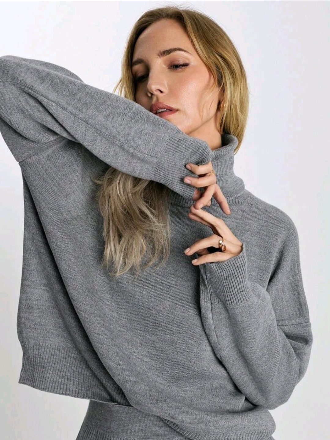 Gray Knitted Turtleneck and Skirt Set: Women's Two-Piece Ensemble