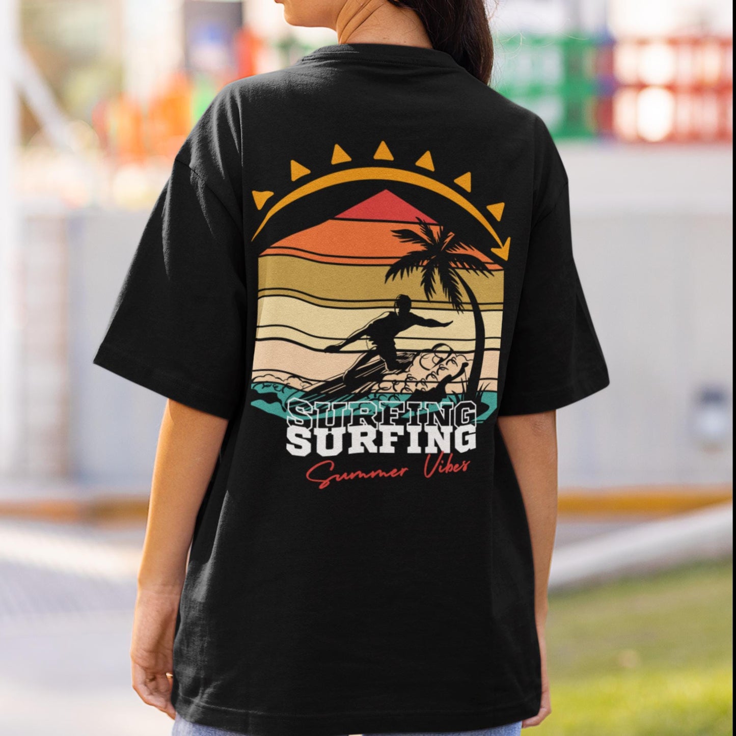 Surfing Summer Vibes T-Shirt, Beachwear, Casual Tee, Retro Graphic T-Shirt, Gift for Surfers, Summer Style Shirt