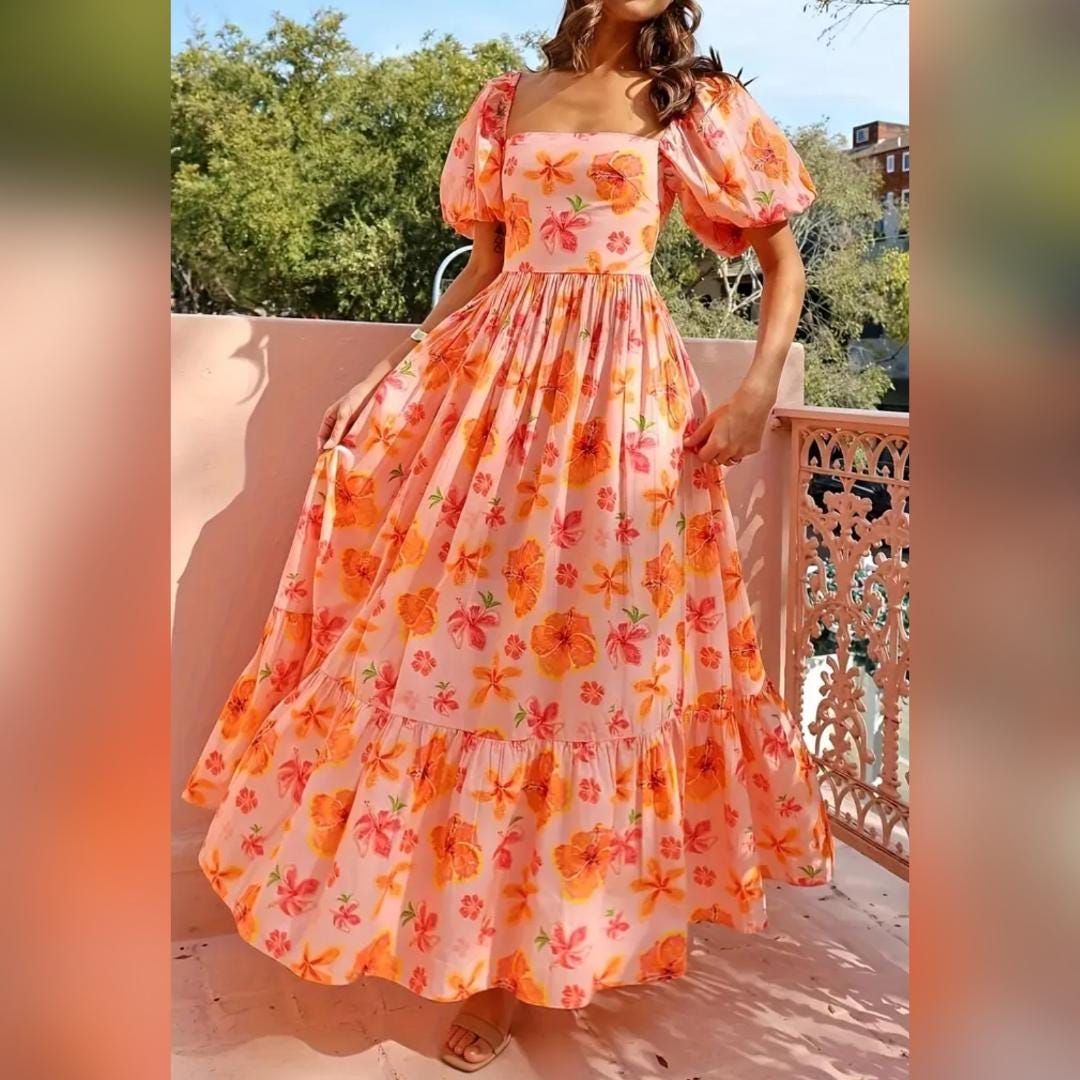 Floral Dress Orange Maxi Puff Shoulder Long Dress