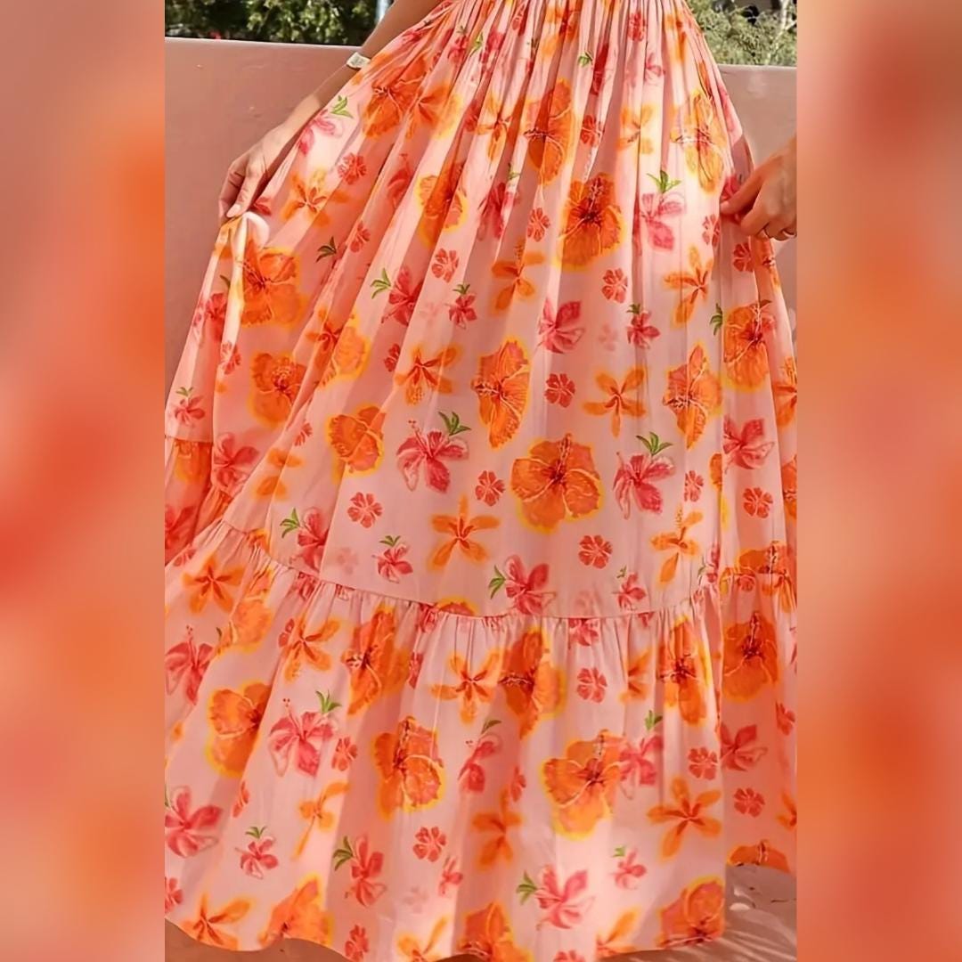 Floral Dress Orange Maxi Puff Shoulder Long Dress