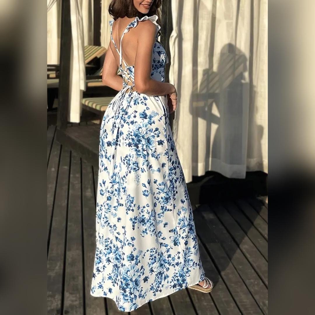 Open Back Long Floral White And Blue Vacation Dress