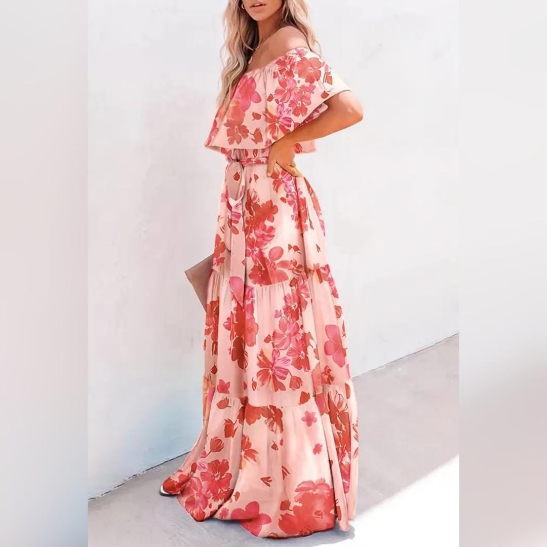 Orange Should Down Orange And White Long Summer Vacation Beach Dress