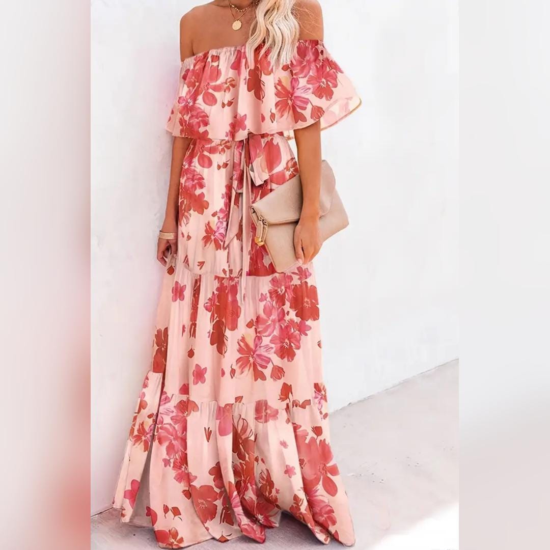 Orange Should Down Orange And White Long Summer Vacation Beach Dress