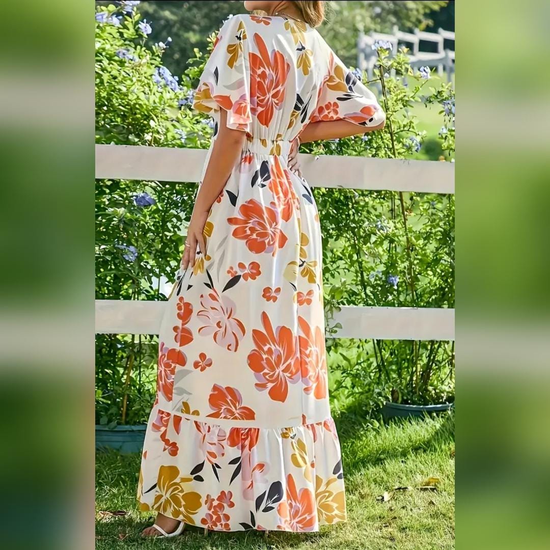 Short Sleeve Long Floral Vibrant Summer Cruse Vacation Dress