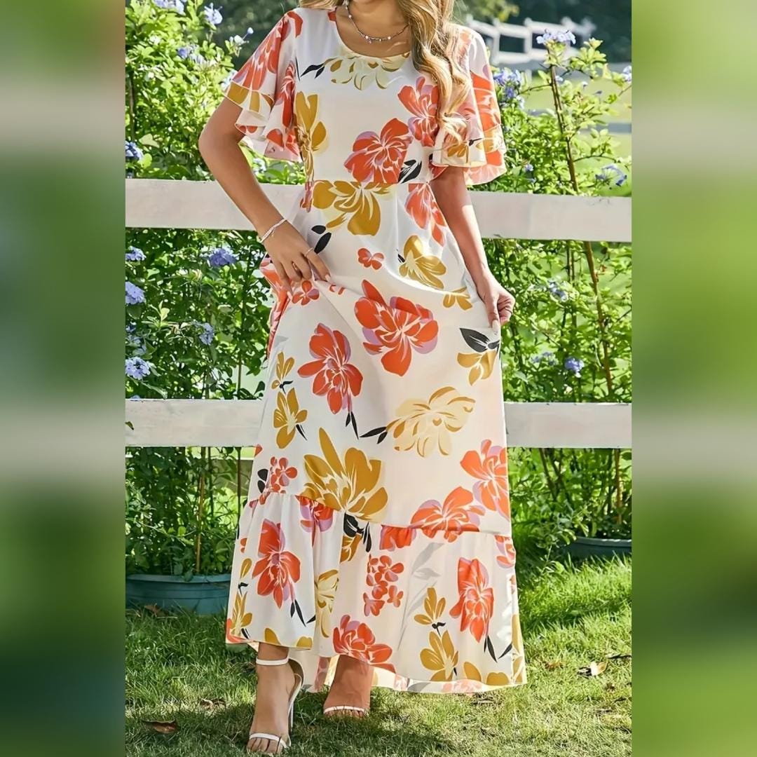 Short Sleeve Long Floral Vibrant Summer Cruse Vacation Dress